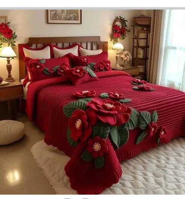 11D_Printed_Glace_Cotton_Red_Knitted_Floral_Pattern_Bedsheet