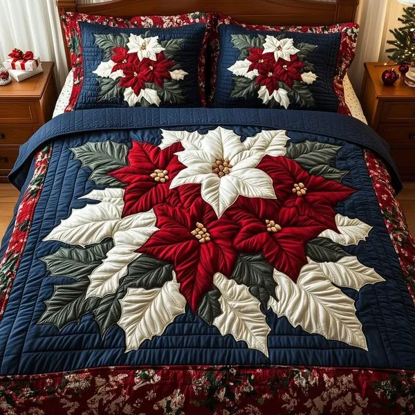 11D_Printed_Glace_Cotton_Christmas_Quilted_Poinsettia_Floral_Bedsheet