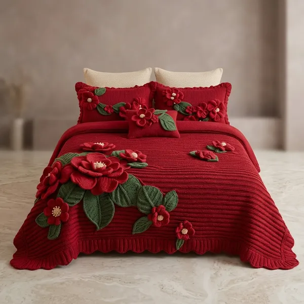 11D_Printed_Glace_Cotton_Red_Knitted_Floral_Pattern_Bedsheet