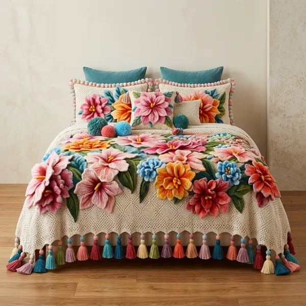 11D_Printed_Glace_Cotton_Bohemian_Floral_Pattern_Tassel_Bedsheet
