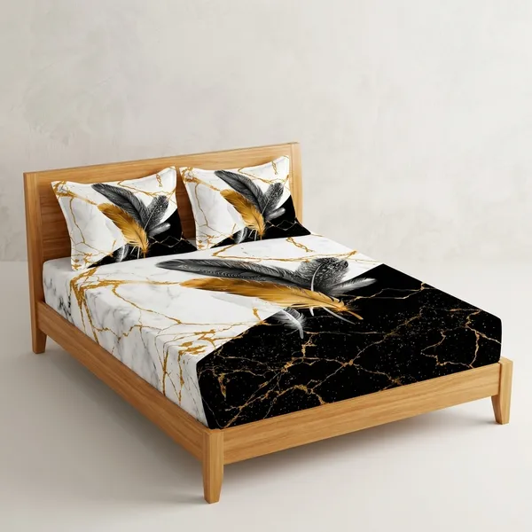 11D_Printed_Glace_Cotton_Black_White_Gold_Feather_Print_Bedsheet