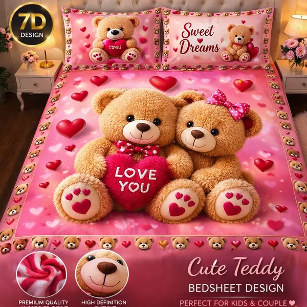 11D_Printed_Glace_Cotton_Pink_Teddy_Bear_Love_Print_Bedsheet