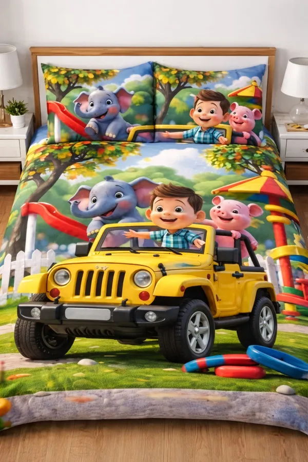 11D_Printed_Glace_Cotton_Kids_Jeep_Print_Bedsheet_Set