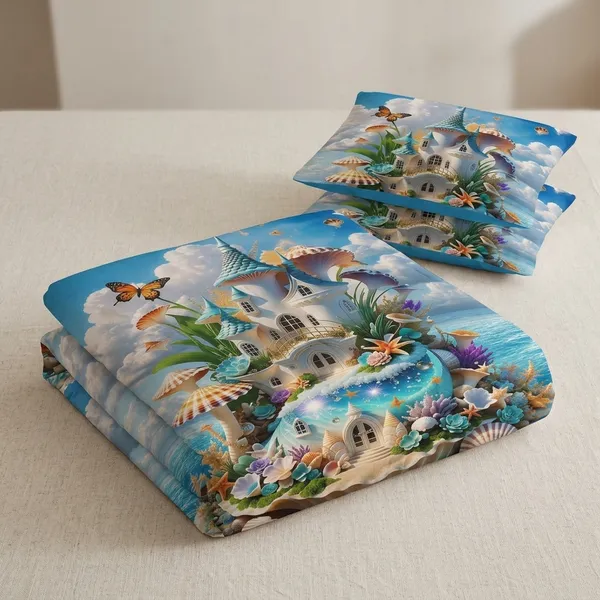 11D_Printed_Glace_Cotton_Fantasy_Seashell_Castle_Print_Bedsheet