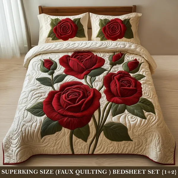11D_Printed_Glace_Cotton_Quilted_Floral_Rose_Super_King_Bedsheet_Set