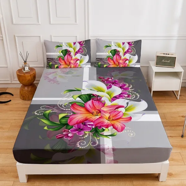 11D_Printed_Glace_Cotton_Grey_Floral_Print_Bedsheet_Set