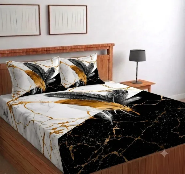 11D_Printed_Glace_Cotton_Black_White_Gold_Feather_Print_Bedsheet