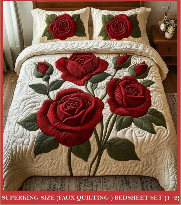 11D_Printed_Glace_Cotton_Quilted_Floral_Rose_Super_King_Bedsheet_Set