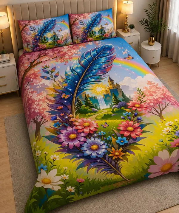 11D_Printed_Glace_Cotton_Fantasy_Floral_Feather_Print_Bedsheet