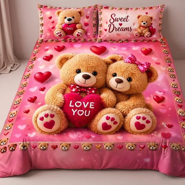 11D_Printed_Glace_Cotton_Pink_Teddy_Bear_Love_Print_Bedsheet