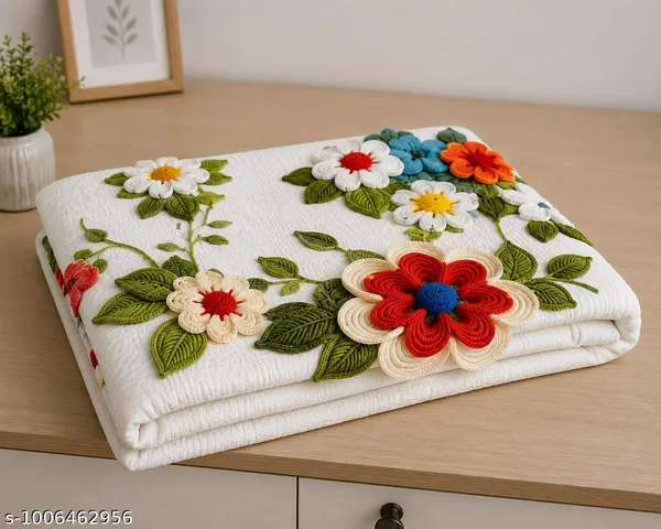 11D_Printed_Glace_Cotton_White_Textured_Floral_Applique_Bedsheet