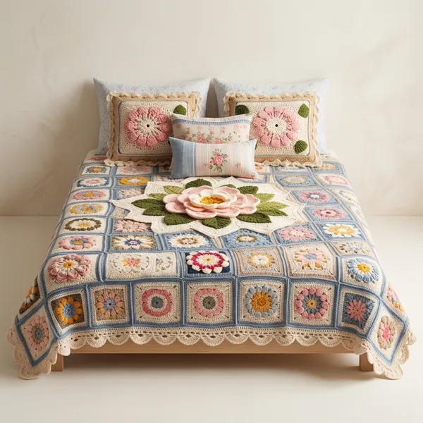 11D_Printed_Glace_Cotton_Bohemian_Crochet_Floral_Patchwork_Bedsheet