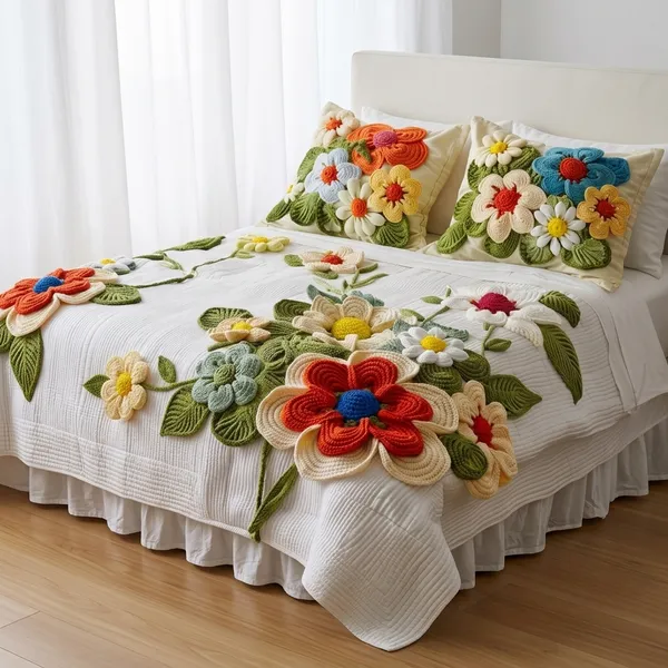 11D_Printed_Glace_Cotton_White_Textured_Floral_Applique_Bedsheet