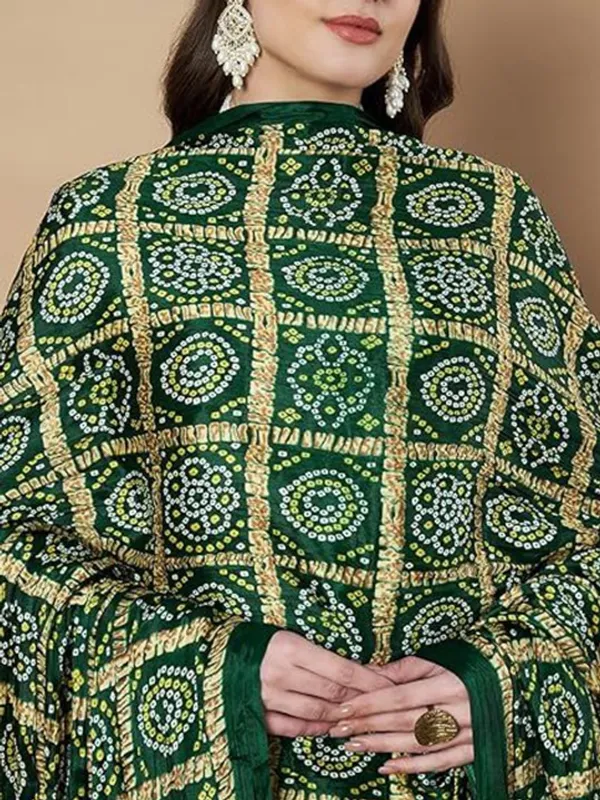 Dark_Green_Chinon_Crushed_Bandhani_Printed_Dupatta_With_Tassels_For_Women