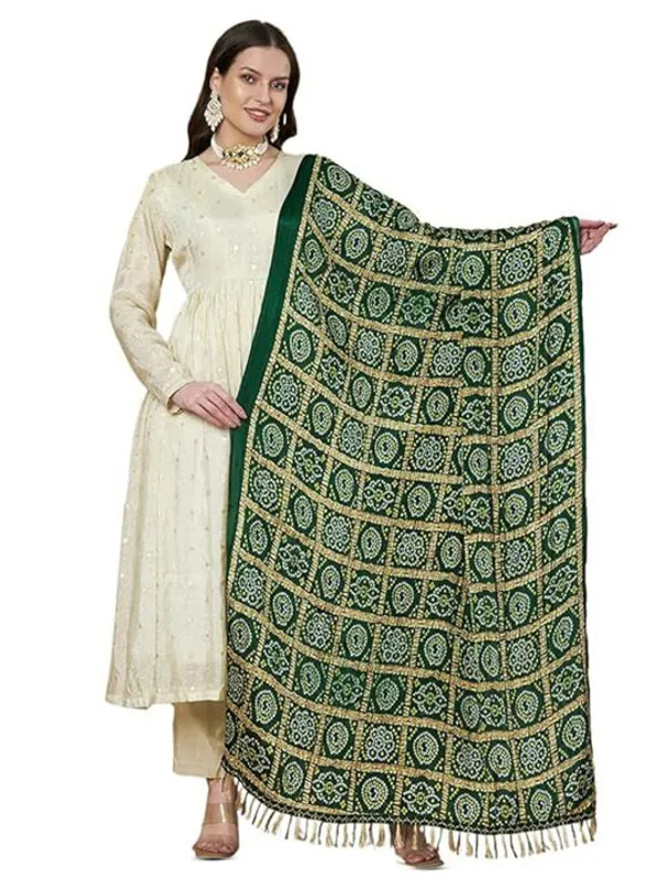 Dark_Green_Chinon_Crushed_Bandhani_Printed_Dupatta_With_Tassels_For_Women