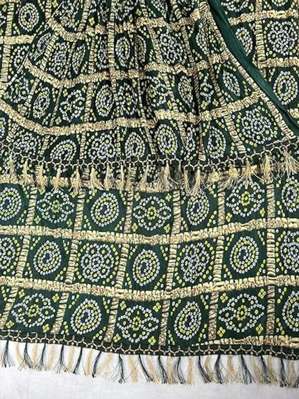 Dark_Green_Chinon_Crushed_Bandhani_Printed_Dupatta_With_Tassels_For_Women