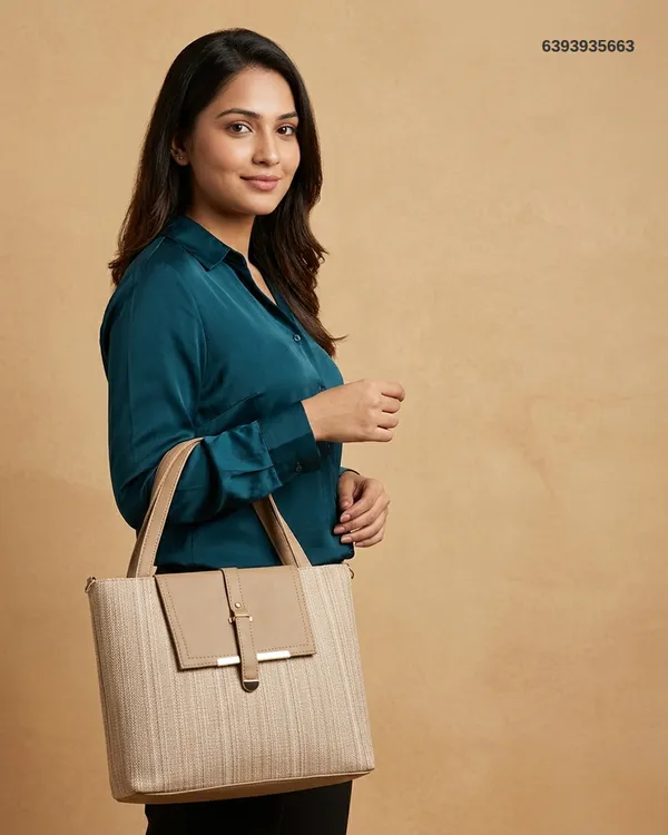 Beige_Pu_Leather_Structured_Buckle_Flap_Tote_Bag_For_Women