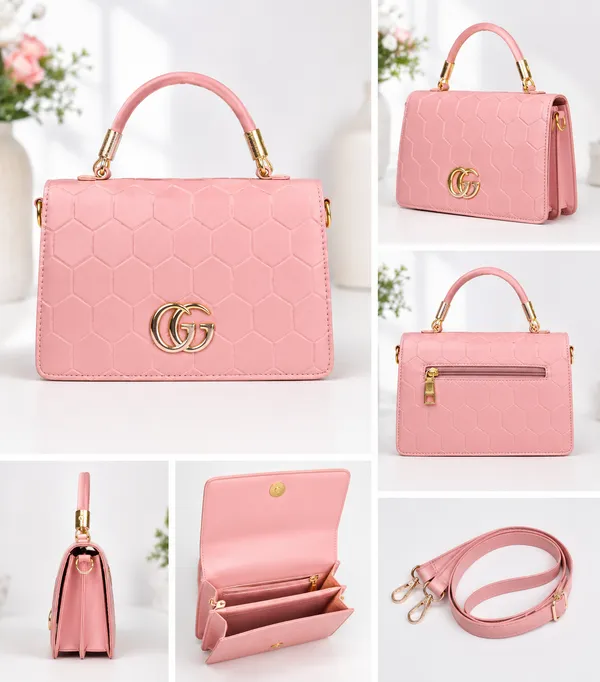 Pink_Pu_Leather_Textured_Top_Handle_Handbag_For_Women