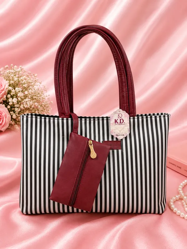 Black_White_Striped_Pu_Leather_Tote_Bag_With_Pouch_For_Women