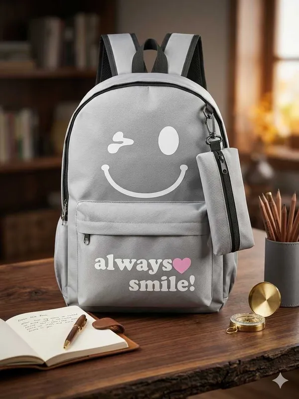 Grey_Polyester_Smiley_Print_Backpack_For_Women
