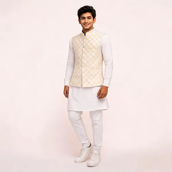 White_&_Cream_Silk_Straight_Patterned_Nehru_Jacket_Kurta_Set