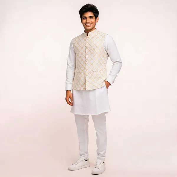 White_&_Cream_Silk_Straight_Patterned_Nehru_Jacket_Kurta_Set