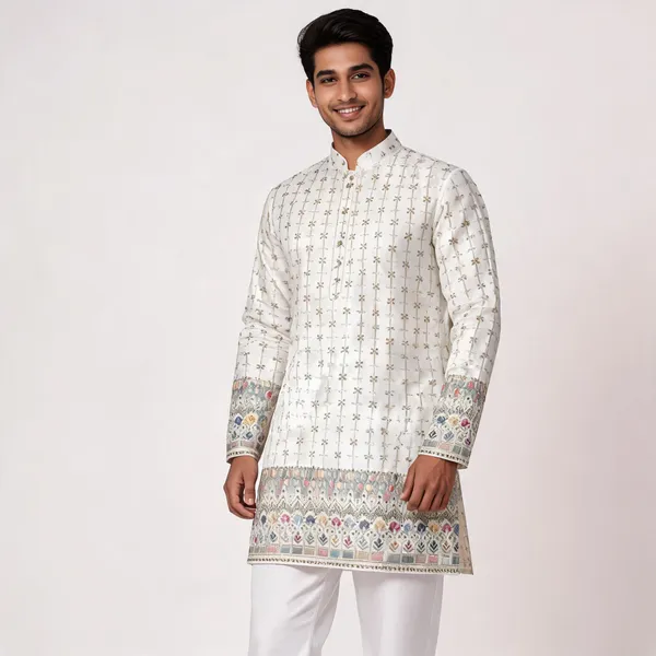 White_Malai_Satin_Straight_Printed_Kurta_For_Men