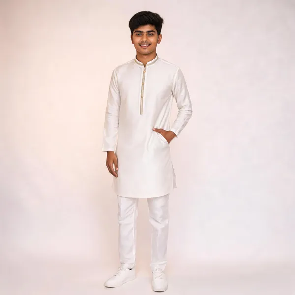 White_Silk_Straight_Solid_Kurta_Pajama_Set_For
