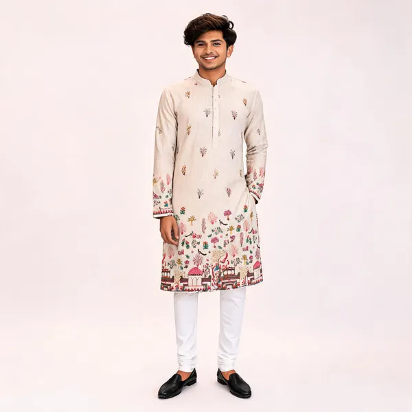 Cream_Cotton_Sequence_Straight_Printed_Kurta_Pajama_Set