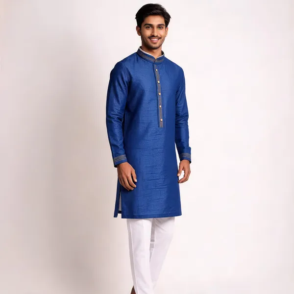 Blue_Silk_Straight_Textured_Kurta_Pajama_Set_For