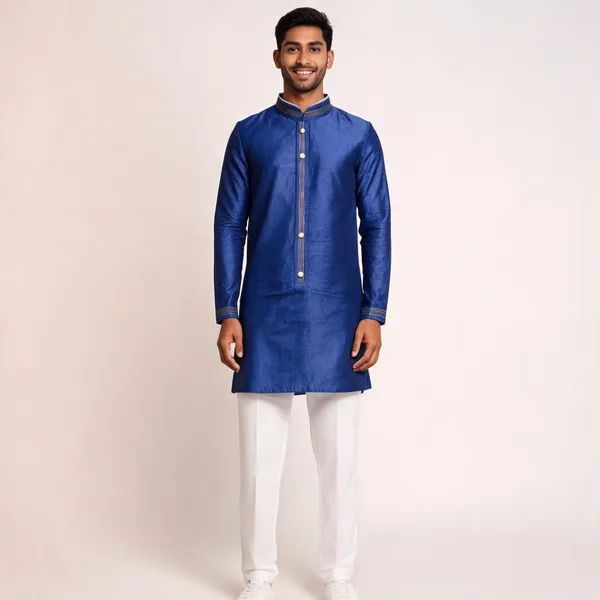 Blue_Silk_Straight_Textured_Kurta_Pajama_Set_For