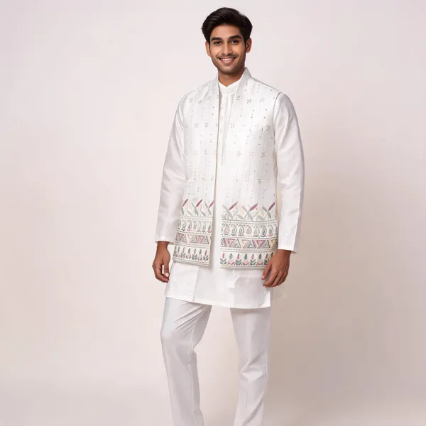White_Malai_Satin_Embroidered_Kurta_Jacket_Pajama_Set