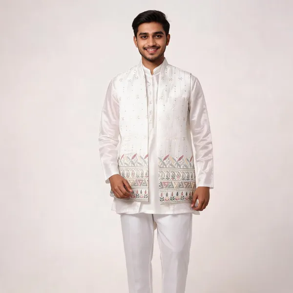 White_Malai_Satin_Embroidered_Kurta_Jacket_Pajama_Set
