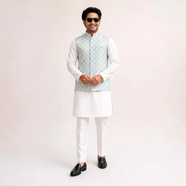 White_&_Blue_Silk_Geometric_Nehru_Jacket_For_Men