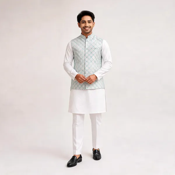 White_&_Blue_Silk_Geometric_Nehru_Jacket_For_Men
