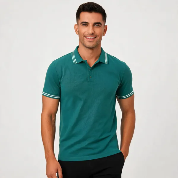 Teal_Cotton_Pique_Collared_Short_Sleeve_Polo_T-Shirt_For_Men