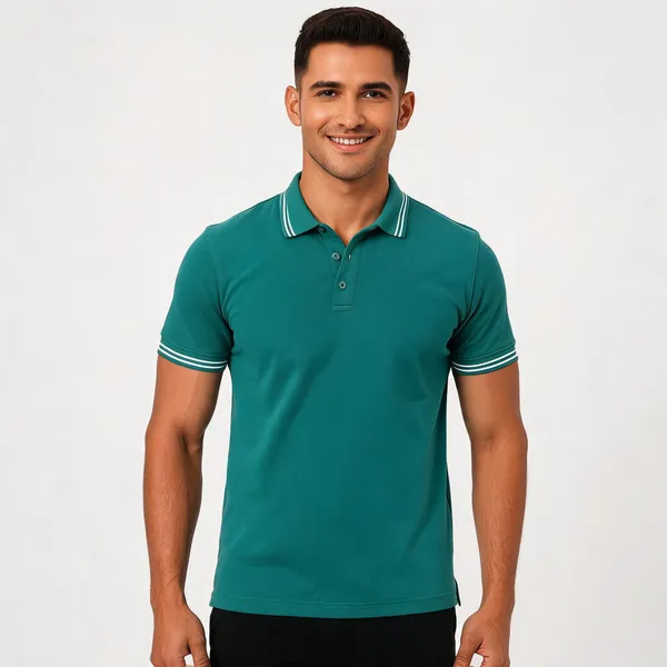 Teal_Cotton_Pique_Collared_Short_Sleeve_Polo_T-Shirt_For_Men