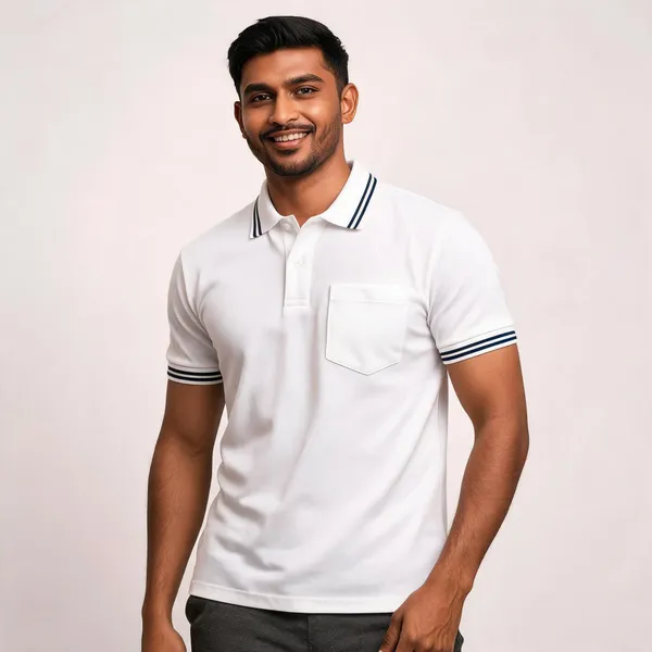 White_Cotton_Pique_Striped_Collar_Polo_T-Shirt_For_Men