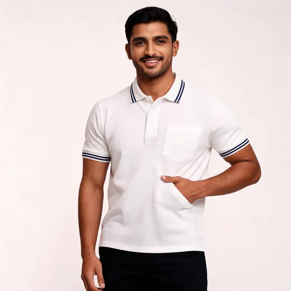 White_Cotton_Pique_Striped_Collar_Polo_T-Shirt_For_Men