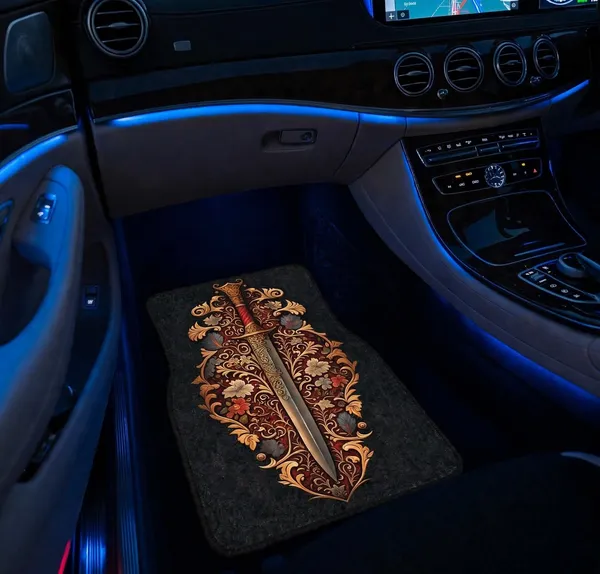 Polyester_Anti-Slip_Rubber_Black_Sword_Print_Car_Floor_Mat_Pack_Of_4