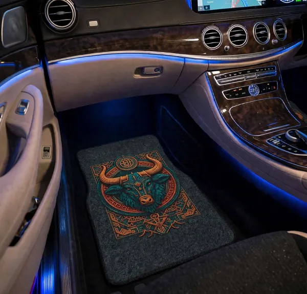 Polyester_Anti-Slip_Rubber_Bull_Graphic_Black_Car_Floor_Mat_Set_Of_4