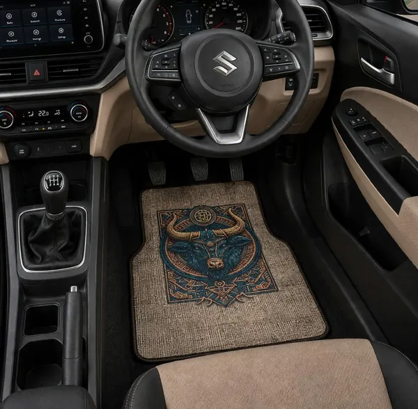 Polyester_Anti-Slip_Rubber_Brown_Bull_Print_Car_Floor_Mat_Pack_Of_2