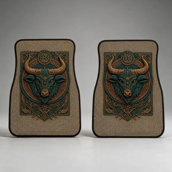 Polyester_Anti-Slip_Rubber_Brown_Bull_Print_Car_Floor_Mat_Pack_Of_2