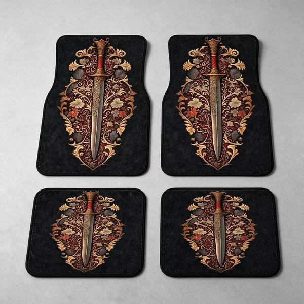 Polyester_Anti-Slip_Rubber_Black_Sword_Print_Car_Floor_Mat_Pack_Of_4