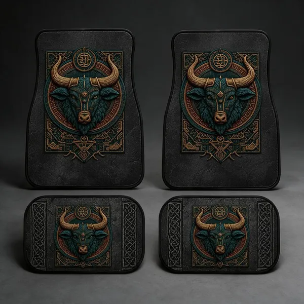 Polyester_Anti-Slip_Rubber_Bull_Graphic_Black_Car_Floor_Mat_Set_Of_4