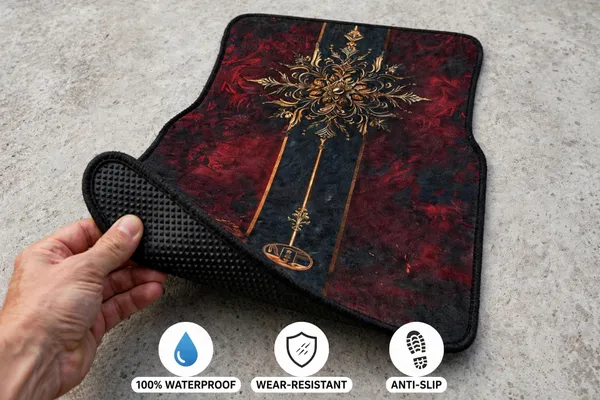 Polyester_Anti-Slip_Rubber_Red_Gold_Pattern_Car_Floor_Mat_Pack_Of_4