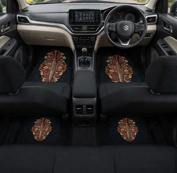 Polyester_Anti-Slip_Rubber_Black_Sword_Print_Car_Floor_Mat_Pack_Of_4