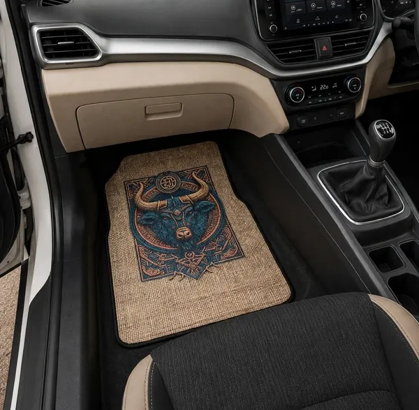 Polyester_Anti-Slip_Rubber_Brown_Bull_Print_Car_Floor_Mat_Pack_Of_2