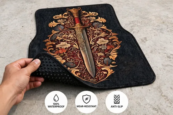 Polyester_Anti-Slip_Rubber_Black_Sword_Print_Car_Floor_Mat_Pack_Of_4
