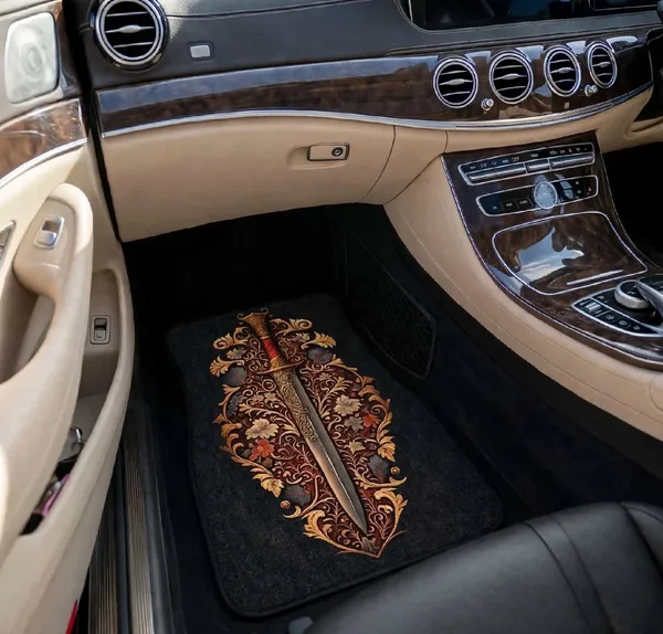 Polyester_Anti-Slip_Rubber_Black_Sword_Print_Car_Floor_Mat_Pack_Of_4